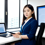 A professional Japanese female *Homu-shi* (法務士) in a modest business suit, sitting at a modern desk in a sleek, digitally integrated office. She is looking confidently at a large screen displaying legal documents and analytical data, with a tablet and stylus nearby. The office features contemporary design, clean lines, and natural light, reflecting efficiency and innovation. She embodies the spirit of digital transformation in legal practice. Perfect anatomy, correct proportions, natural pose, well-formed hands, proper finger count, natural body proportions, fully clothed, modest clothing, appropriate attire, professional dress, safe for work, appropriate content, professional.