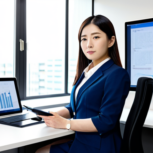 A professional Japanese female *Homu-shi* (法務士) in a modest business suit, sitting at a modern desk in a sleek, digitally integrated office. She is looking confidently at a large screen displaying legal documents and analytical data, with a tablet and stylus nearby. The office features contemporary design, clean lines, and natural light, reflecting efficiency and innovation. She embodies the spirit of digital transformation in legal practice. Perfect anatomy, correct proportions, natural pose, well-formed hands, proper finger count, natural body proportions, fully clothed, modest clothing, appropriate attire, professional dress, safe for work, appropriate content, professional.