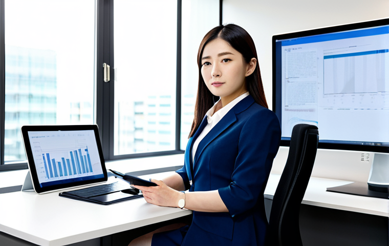 A professional Japanese female *Homu-shi* (法務士) in a modest business suit, sitting at a modern desk in a sleek, digitally integrated office. She is looking confidently at a large screen displaying legal documents and analytical data, with a tablet and stylus nearby. The office features contemporary design, clean lines, and natural light, reflecting efficiency and innovation. She embodies the spirit of digital transformation in legal practice. Perfect anatomy, correct proportions, natural pose, well-formed hands, proper finger count, natural body proportions, fully clothed, modest clothing, appropriate attire, professional dress, safe for work, appropriate content, professional.