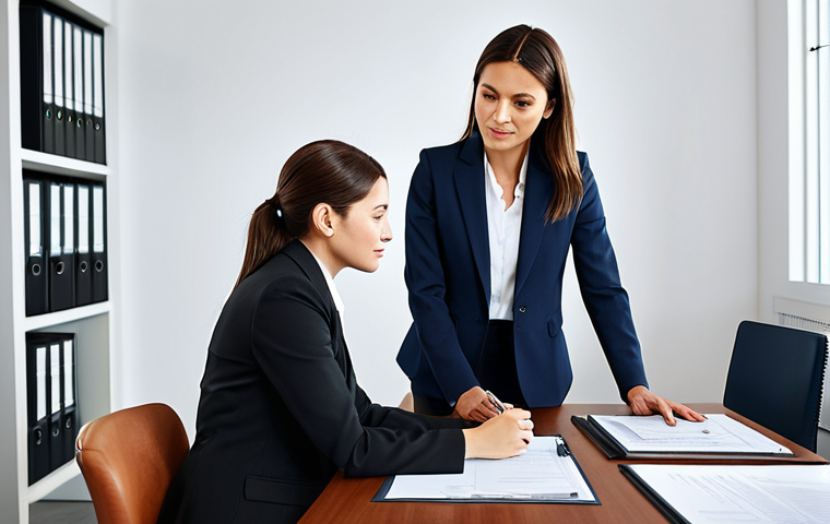 **

"A professional female legal specialist in a modest business suit, assisting a small business owner with contract review, modern office setting, fully clothed, appropriate attire, safe for work, perfect anatomy, natural proportions, professional photograph, high quality, family-friendly. The scene should convey trust and expertise."

**