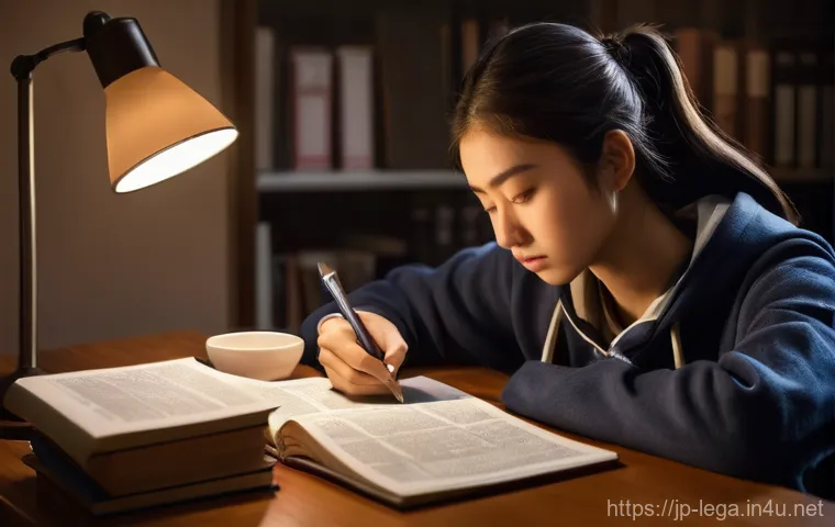 법무사 시험을 위한 모의고사 활용법 - **Image Prompt 1: "Focused Late-Night Study Session"**
    A realistic, high-resolution image of a d...