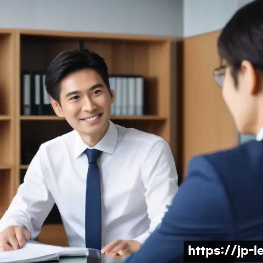 법무사로서 신규 고객 확보 전략 - A professional Japanese legal consultant in a modern office setting, attentively listening to a clie...