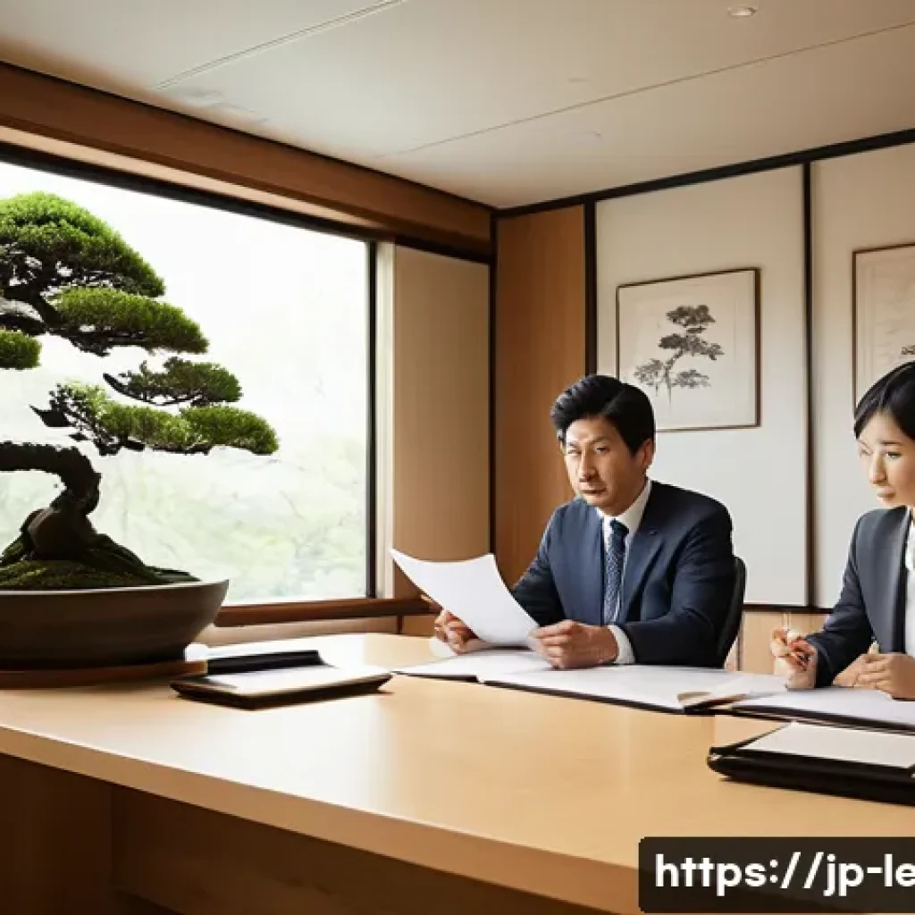 법무사로서 회생 업무 사례 - A professional consultation scene in a modern Japanese office, featuring a calm and approachable fin...