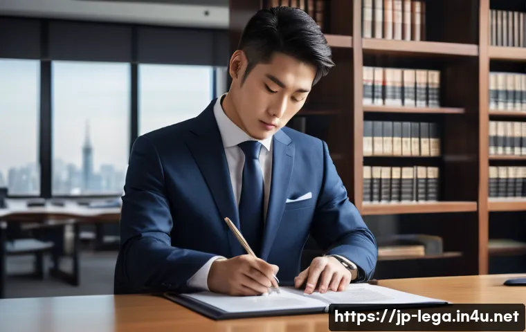 법무사 자격증의 커리어 업그레이드 가능성 - A professional Japanese legal specialist working inside a modern corporate office, dressed in formal...