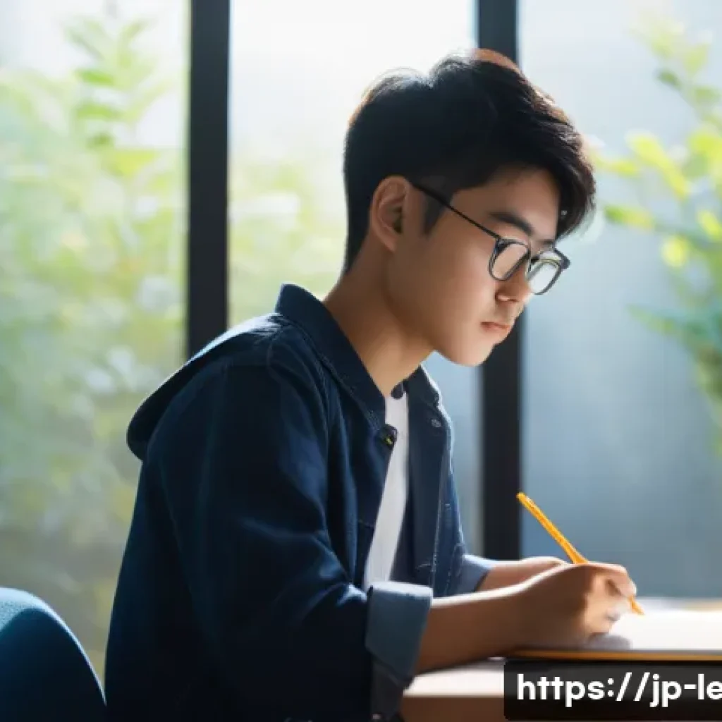 법무사 자격증을 위한 인터넷 강의 추천 - A focused Japanese student in a modern, bright study room, sitting at a clean desk with neatly organ...
