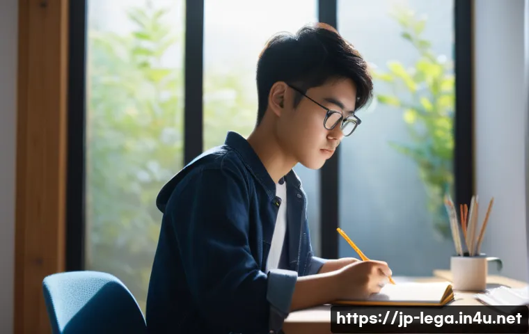 법무사 자격증을 위한 인터넷 강의 추천 - A focused Japanese student in a modern, bright study room, sitting at a clean desk with neatly organ...