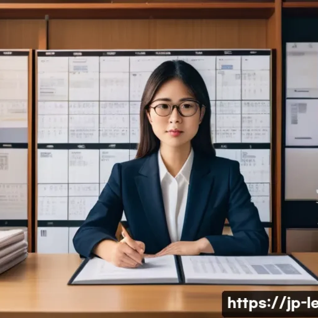 법무사 업무 중 소송 서류 작성법 - A modern Japanese office environment with a focused professional woman in her 30s, wearing business ...