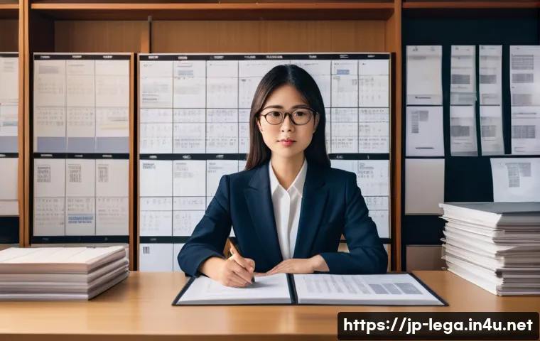 법무사 업무 중 소송 서류 작성법 - A modern Japanese office environment with a focused professional woman in her 30s, wearing business ...