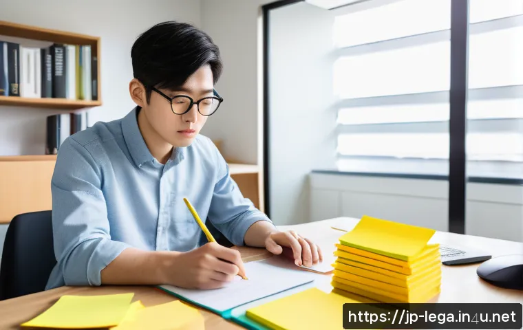 법무사 시험 준비를 위한 과목별 계획표 작성법 - A focused Japanese adult student studying intensely at a modern desk filled with legal textbooks abo...