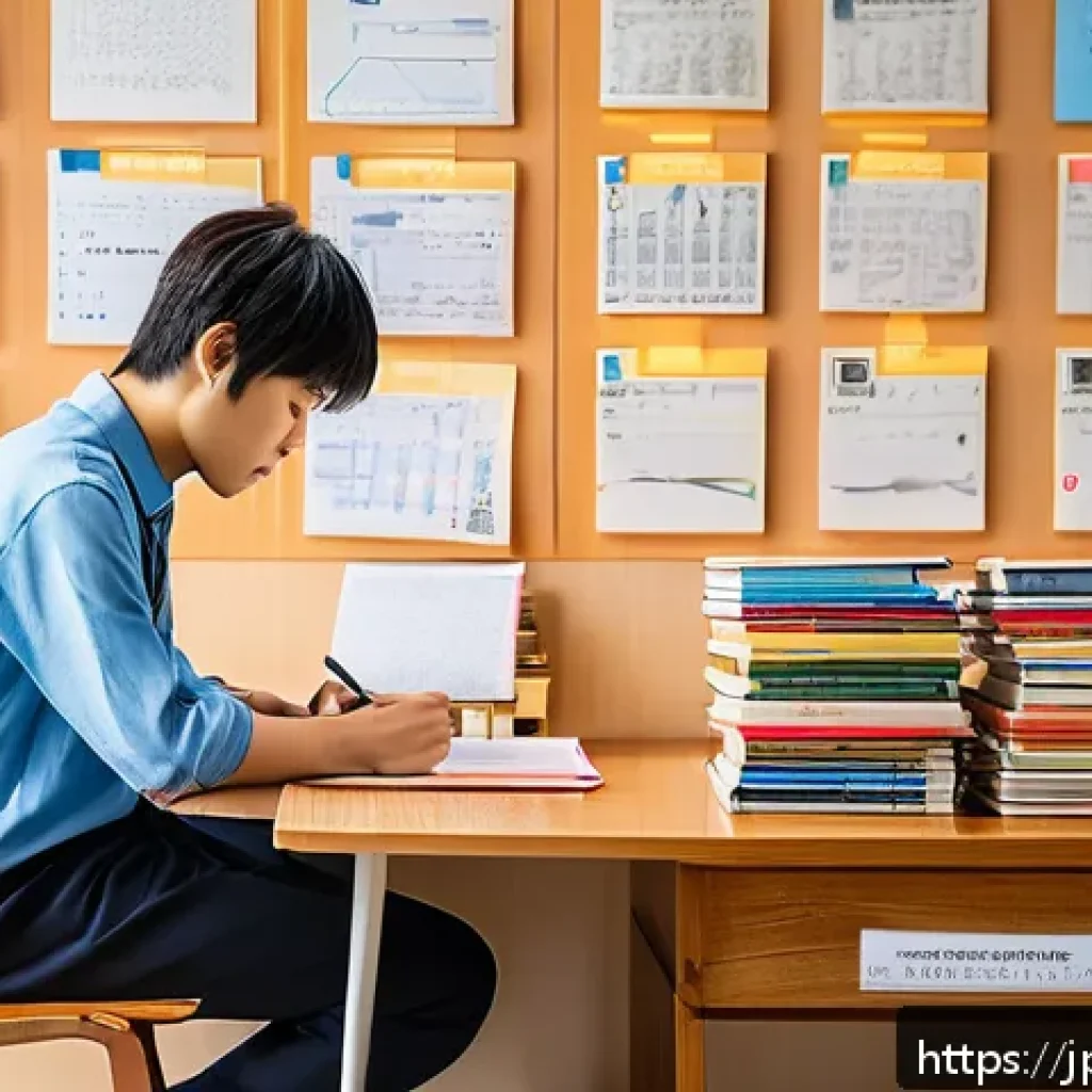 법무사 시험의 최근 합격 트렌드 - A modern Japanese study room with a young adult male sitting at a wooden desk, surrounded by neatly ...