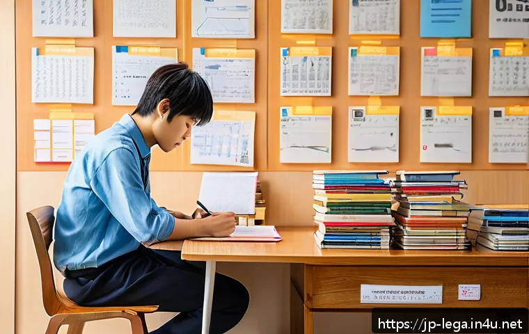 법무사 시험의 최근 합격 트렌드 - A modern Japanese study room with a young adult male sitting at a wooden desk, surrounded by neatly ...
