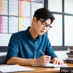 법무사 시험의 최신 기출문제 풀이 - A focused Japanese law student sitting at a tidy desk in a modern study room, surrounded by law book...