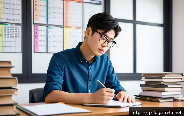 법무사 시험의 최신 기출문제 풀이 - A focused Japanese law student sitting at a tidy desk in a modern study room, surrounded by law book...
