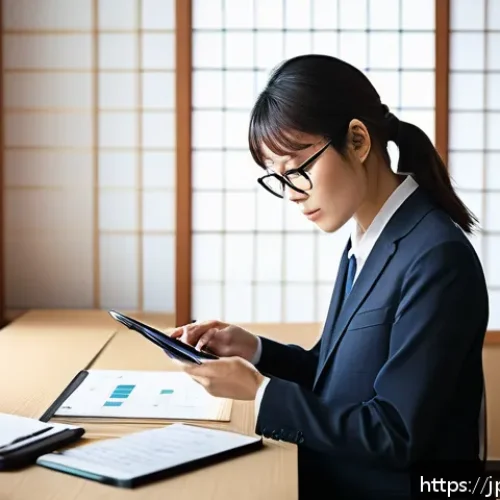 법무사 업무 스트레스 관리 - A modern Japanese office scene showing a busy legal professional organizing daily tasks with a digit...