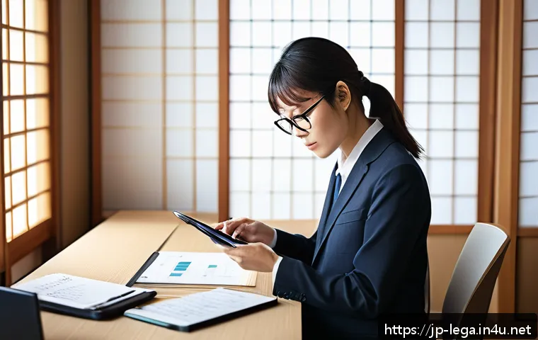 법무사 업무 스트레스 관리 - A modern Japanese office scene showing a busy legal professional organizing daily tasks with a digit...