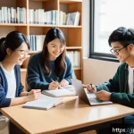 법무사 준비생 커뮤니티 추천 - A diverse group of young Japanese adults studying together in a cozy, modern study room filled with ...