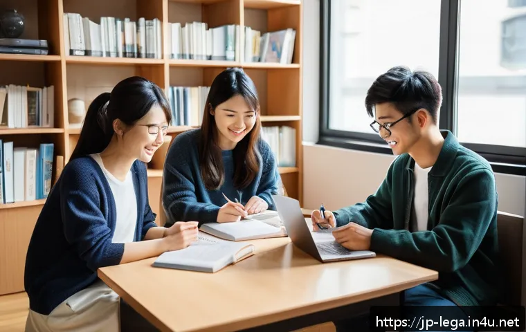 법무사 준비생 커뮤니티 추천 - A diverse group of young Japanese adults studying together in a cozy, modern study room filled with ...