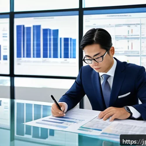 법무사와 협업 가능한 직업군 추천 - A modern corporate legal office scene in Japan, showing a professional legal officer carefully revie...