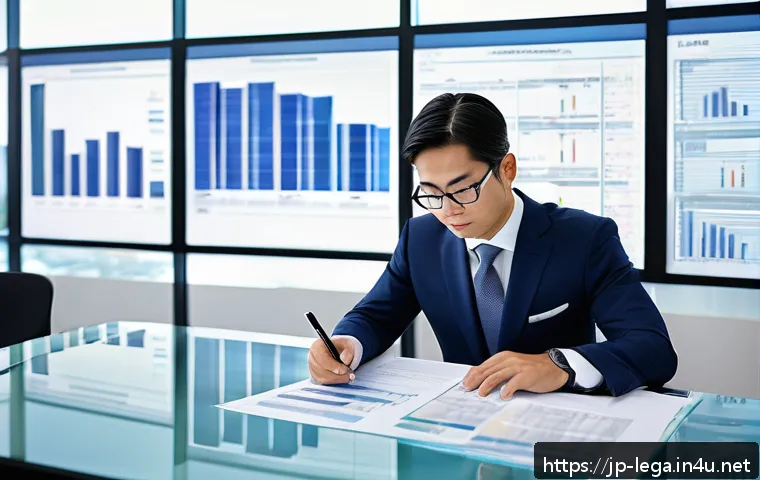 법무사와 협업 가능한 직업군 추천 - A modern corporate legal office scene in Japan, showing a professional legal officer carefully revie...