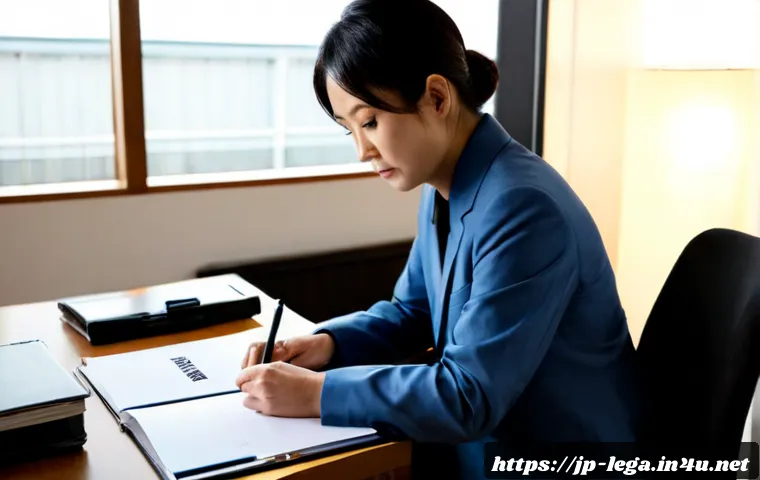 법무사 경력직 이직 준비 과정 - Photorealistic Japanese legal professional in their 40s preparing for a career transition at a neat ...